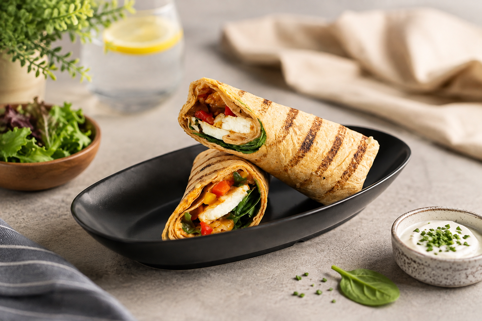 Chicken Wraps with Dip in Small Black Oval Dish