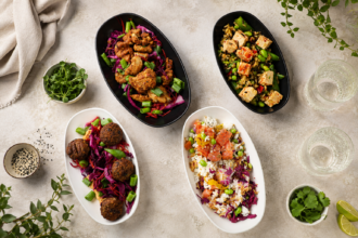 Oriental Street Food Selection in Elegant Deep Oval Dishes