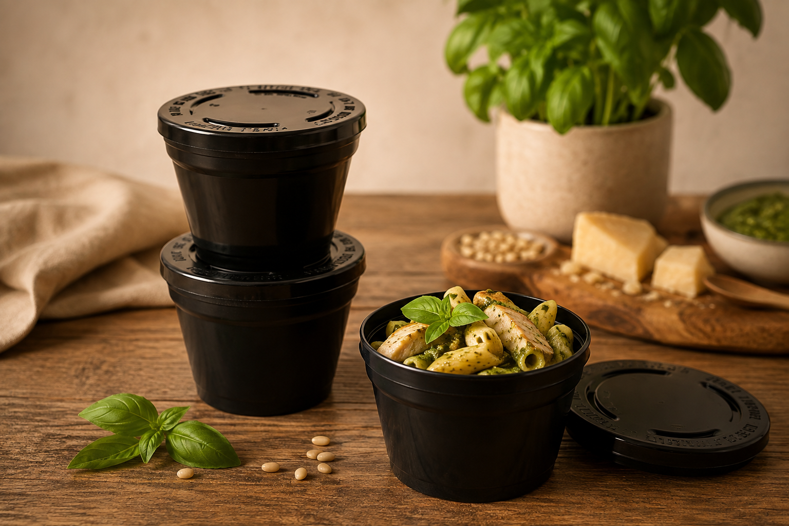 Black MultiPots Stacked with Lid Serving Pasta Dish