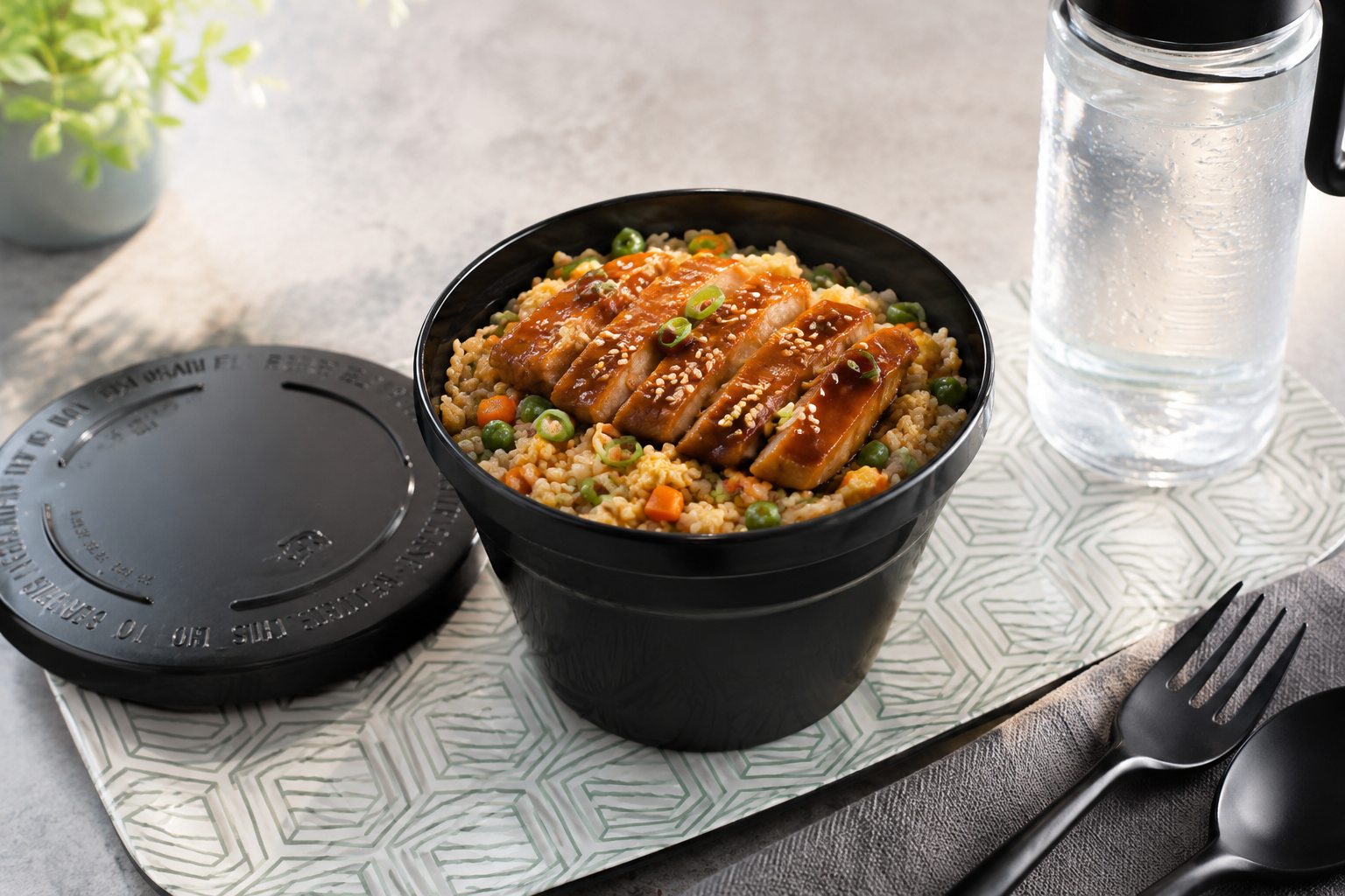 Black MultiPot with Lid Serving Teriyaki Chicken with Rice