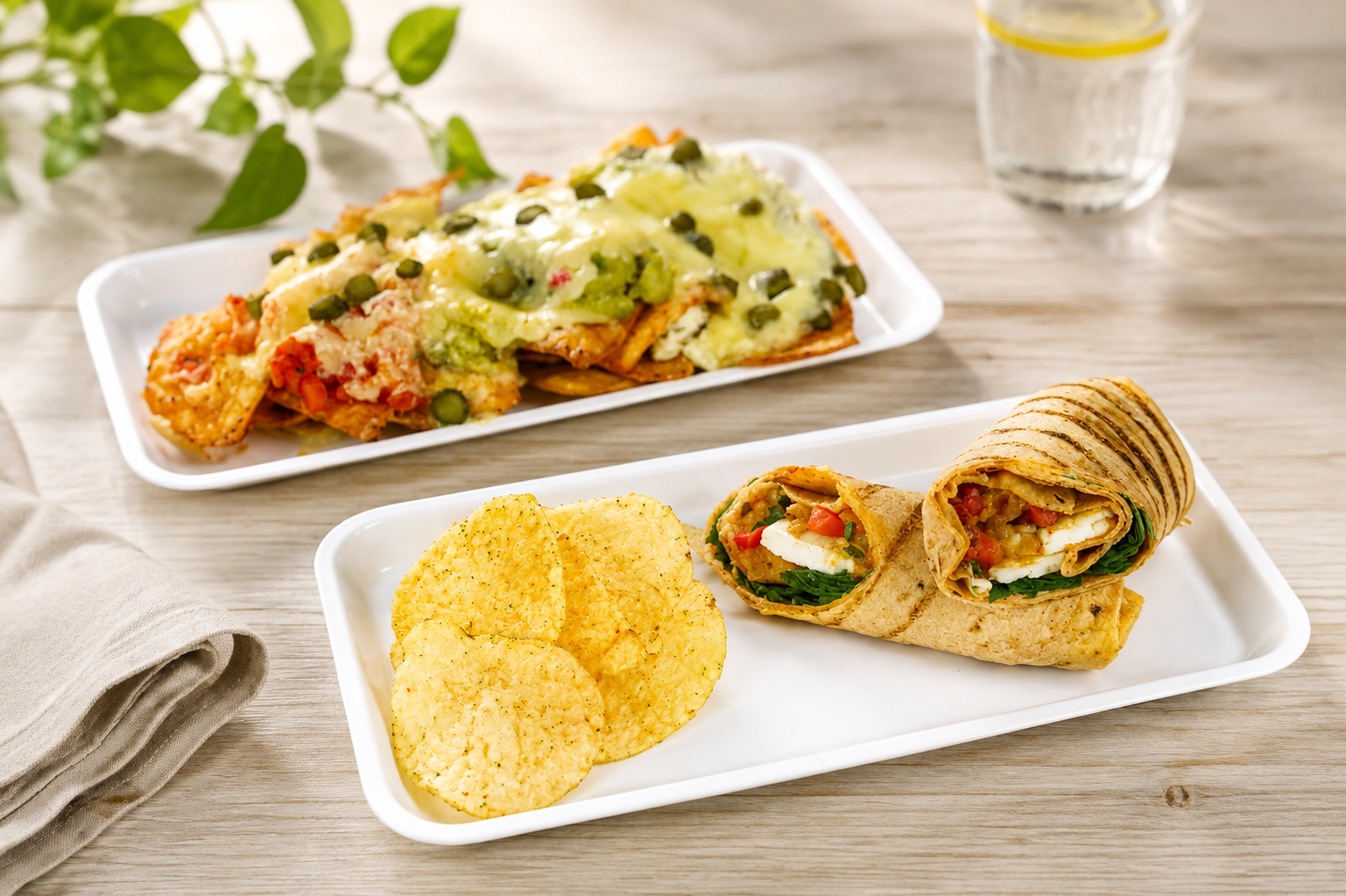 White Serving Platters with Loaded Nachos and Chicken Wraps