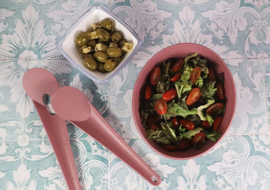 Olive Salad in Small Square White Bowl