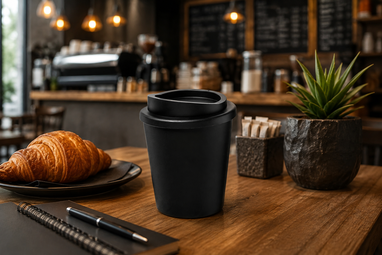 Black Espresso Cup in Modern Cafe Setting