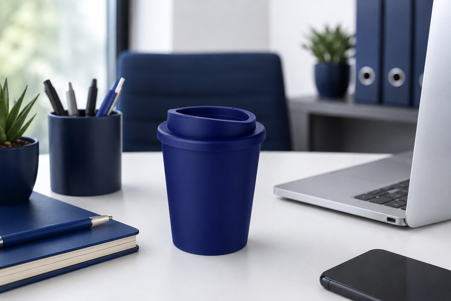 Navy Espresso Cup in Office Setting