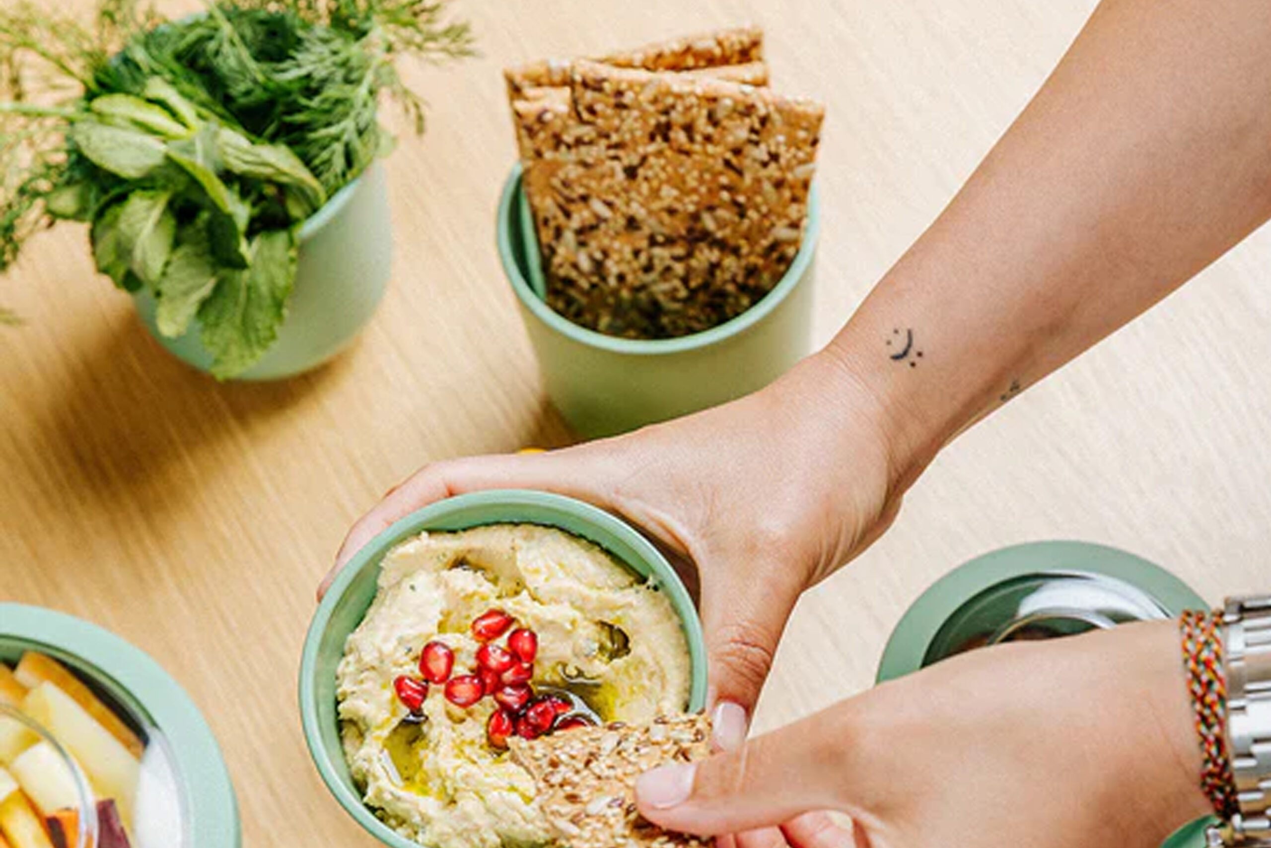 Sage Green Tylla Bowls with Dip and Crisp Bread