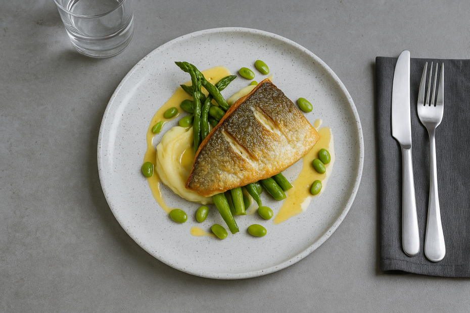 Gourmet Fish Dinner on Grey Speckle Walled Plate