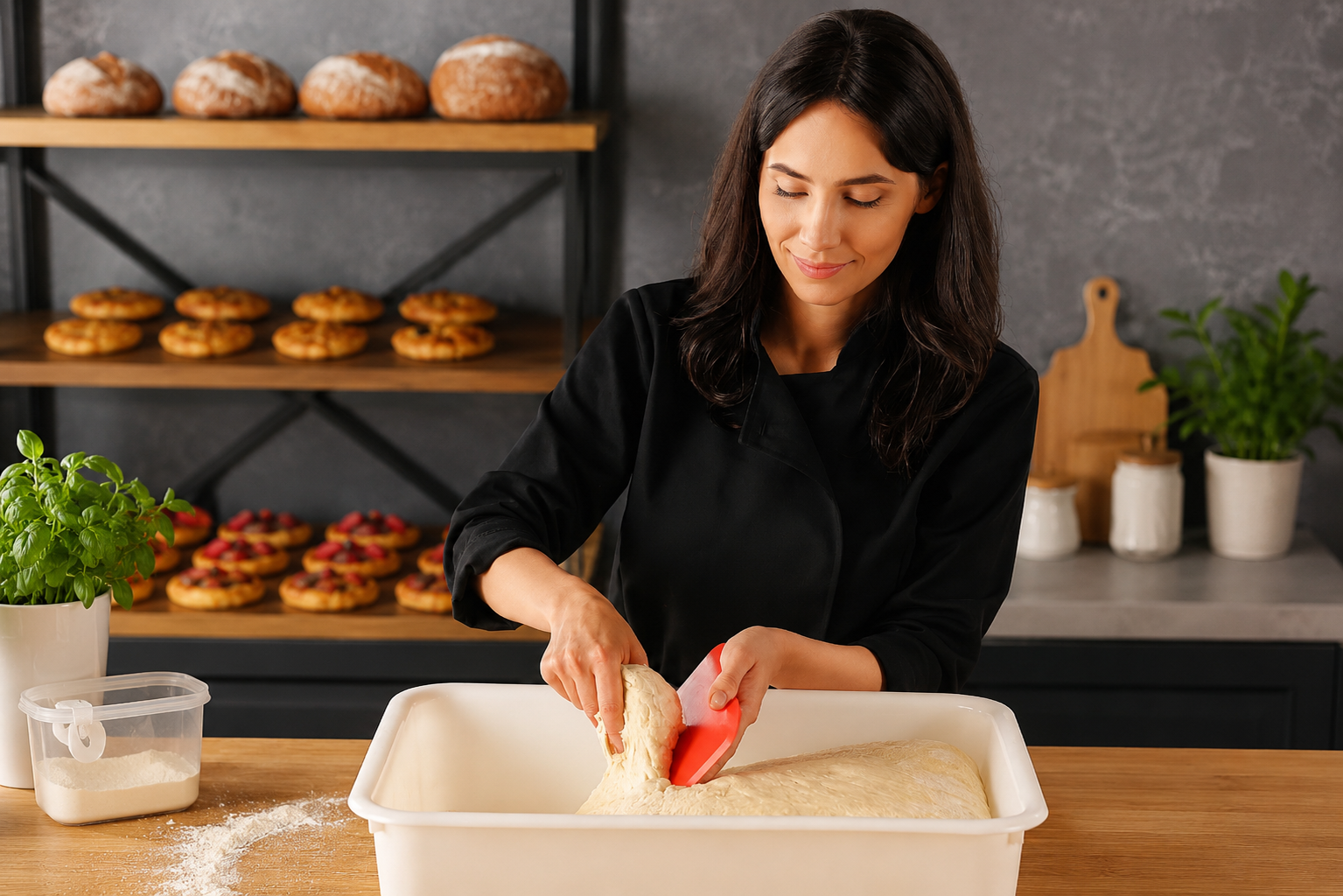 Dough Containers with Scrapers in a Bakery Setting