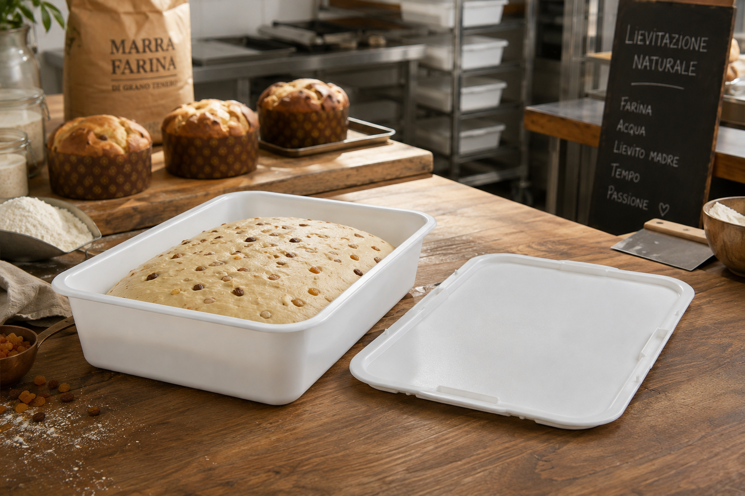 Panettone Dough Proofing in Container with Lid in Artisan Bakery