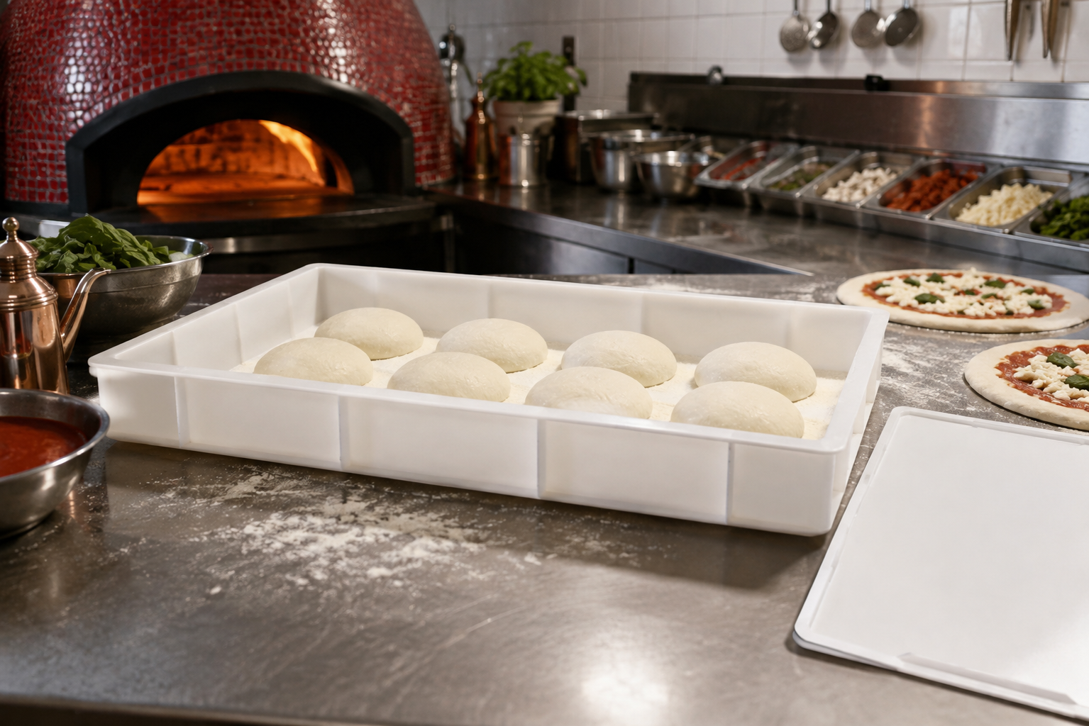 Dough Proofing in Container with Lid in Pizzeria Setting