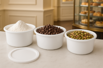 Round Dough Containers with Baking Ingredients in Bakery Setting