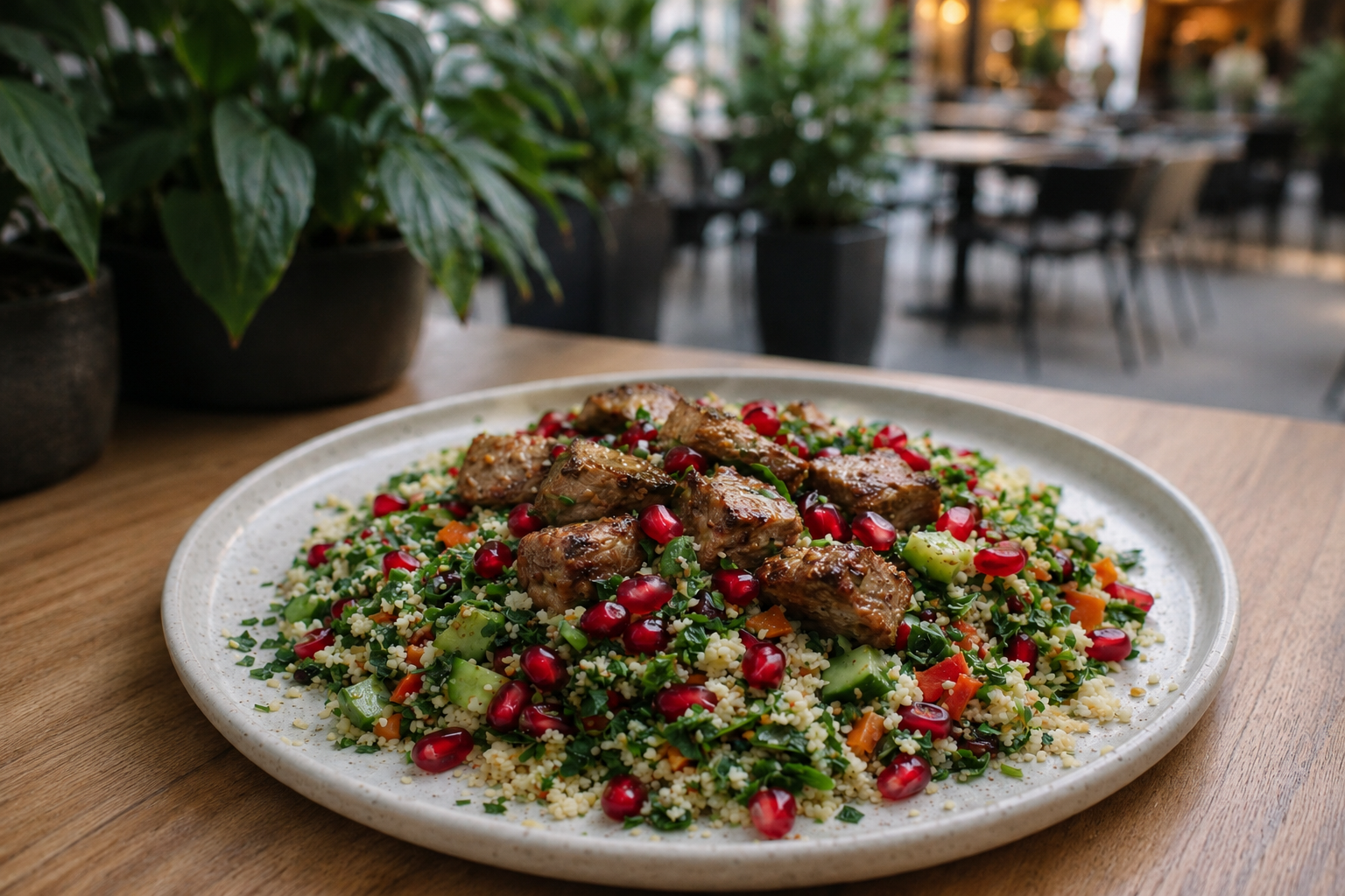 Gourmet Couscous Salad on Grey Speckle Walled Plate