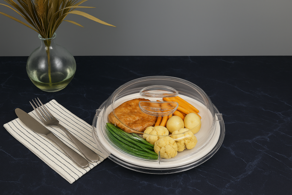 Clear Hi Heat Plate Cover With White Dinner Plate