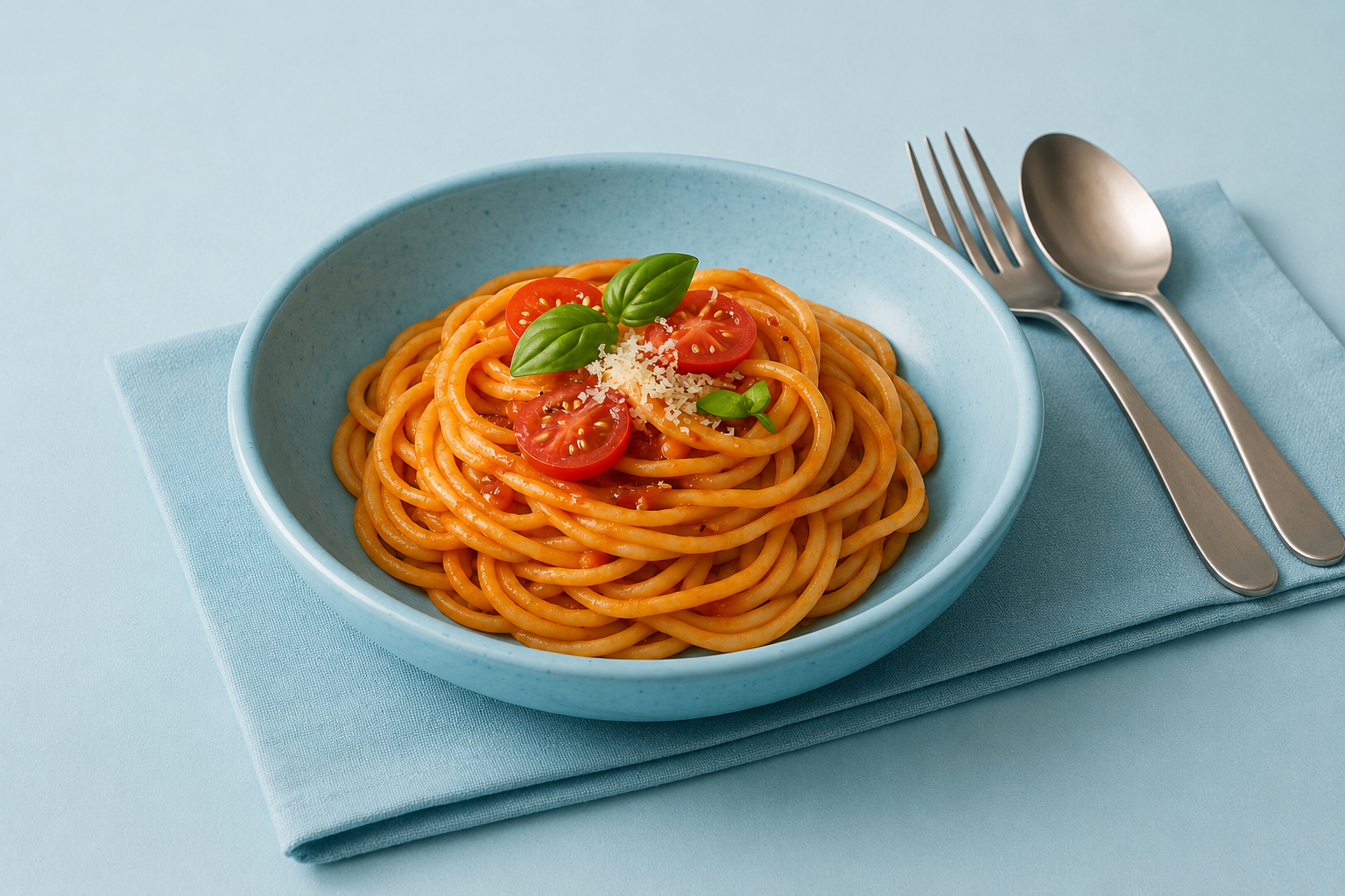 Elegant Pasta Dish in Blue Speckle Walled Bowl