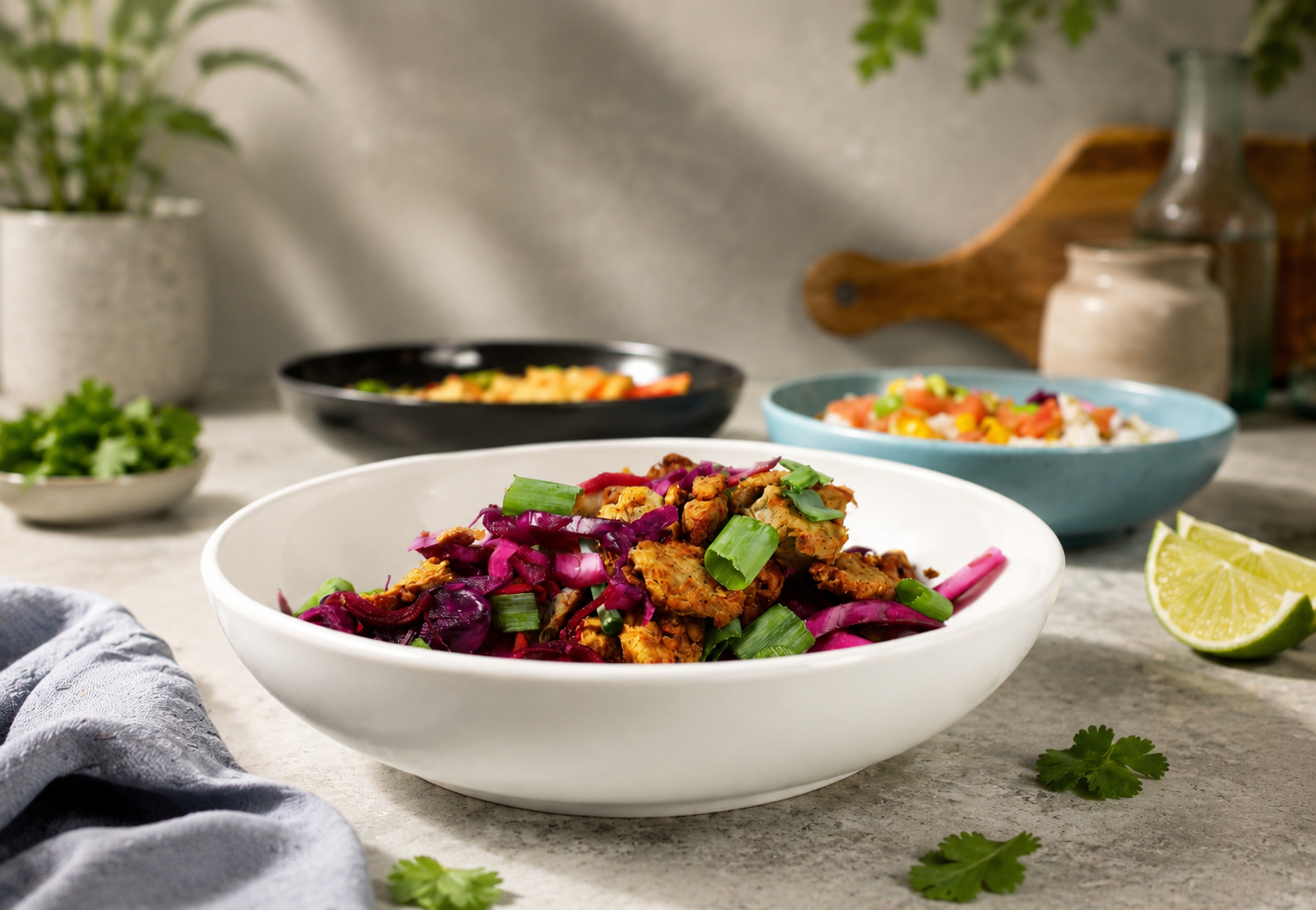 White Walled Bowl with Vegan Fusion Dish