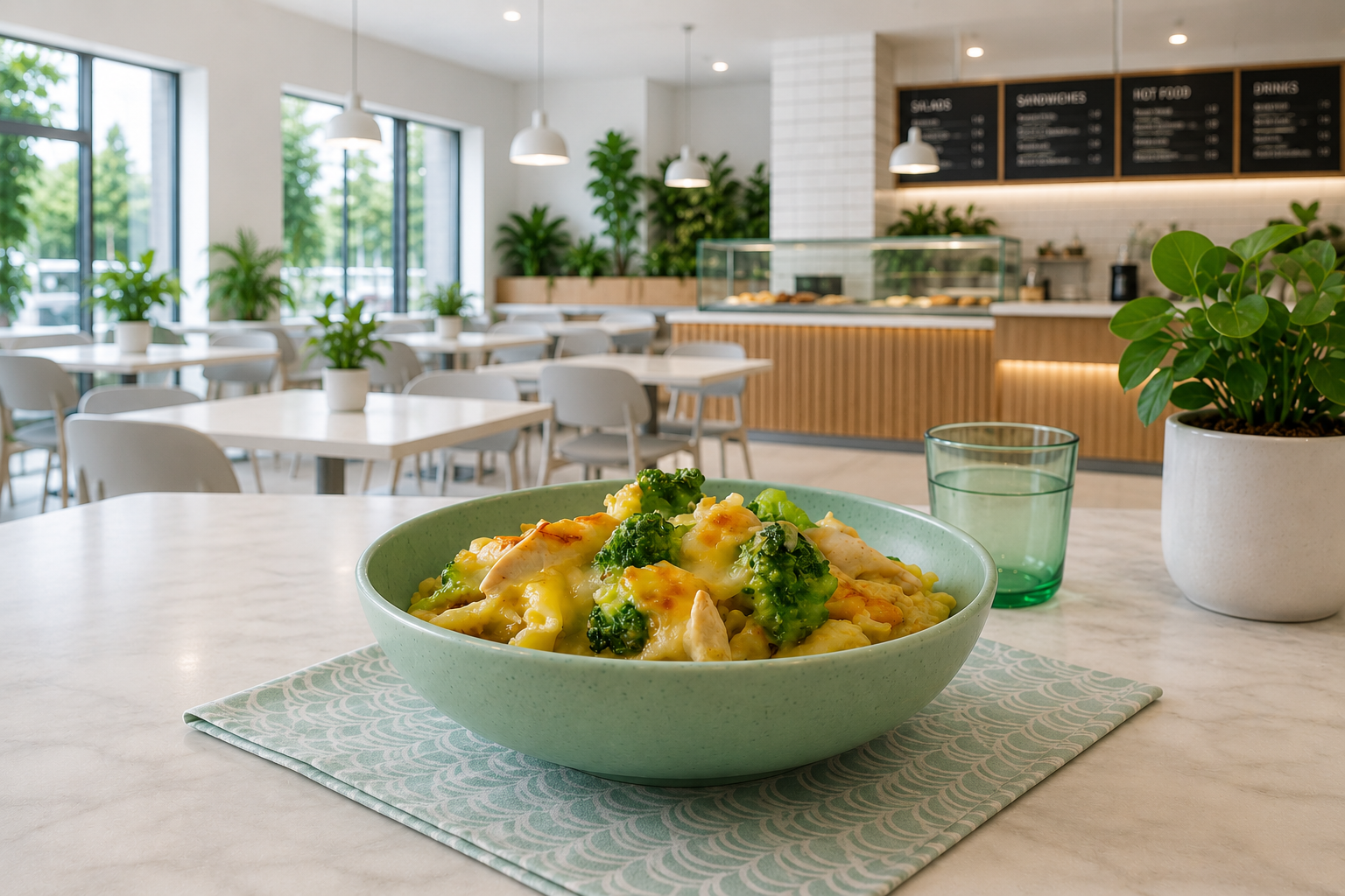Pasta Bake in Green Speckle Walled Bowl in Canteen Setting