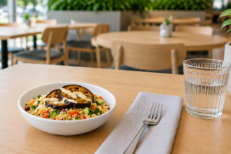 Couscous salad in small walled bowl in canteen setting