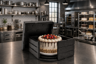 Industrial bakery with decorated cake display