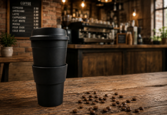 Extra Large Coffee To Go In Rustic Cafe Setting