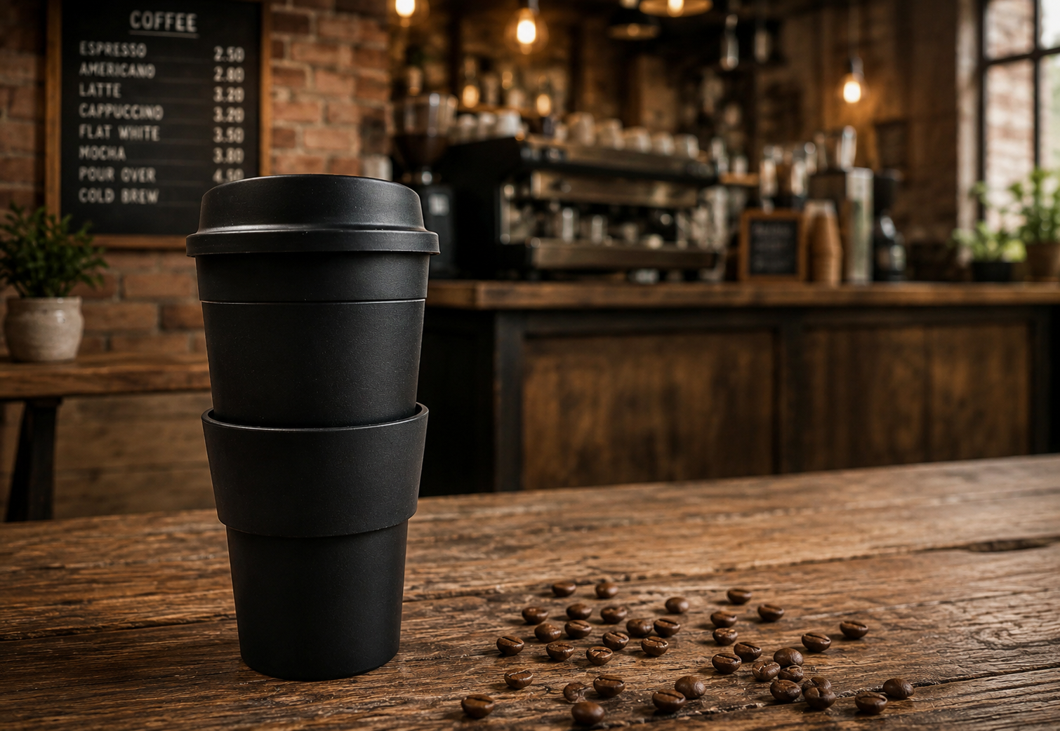 Extra Large Coffee To Go In Rustic Cafe Setting
