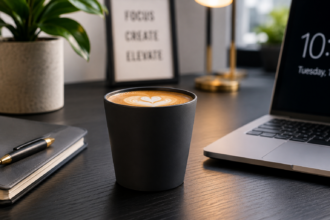 Cortado in an Espresso Cup in Modern Office Setting