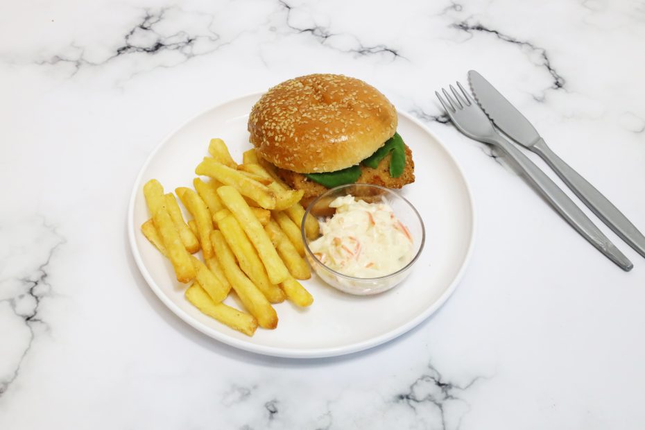 Burger and Chips on White Walled Plate