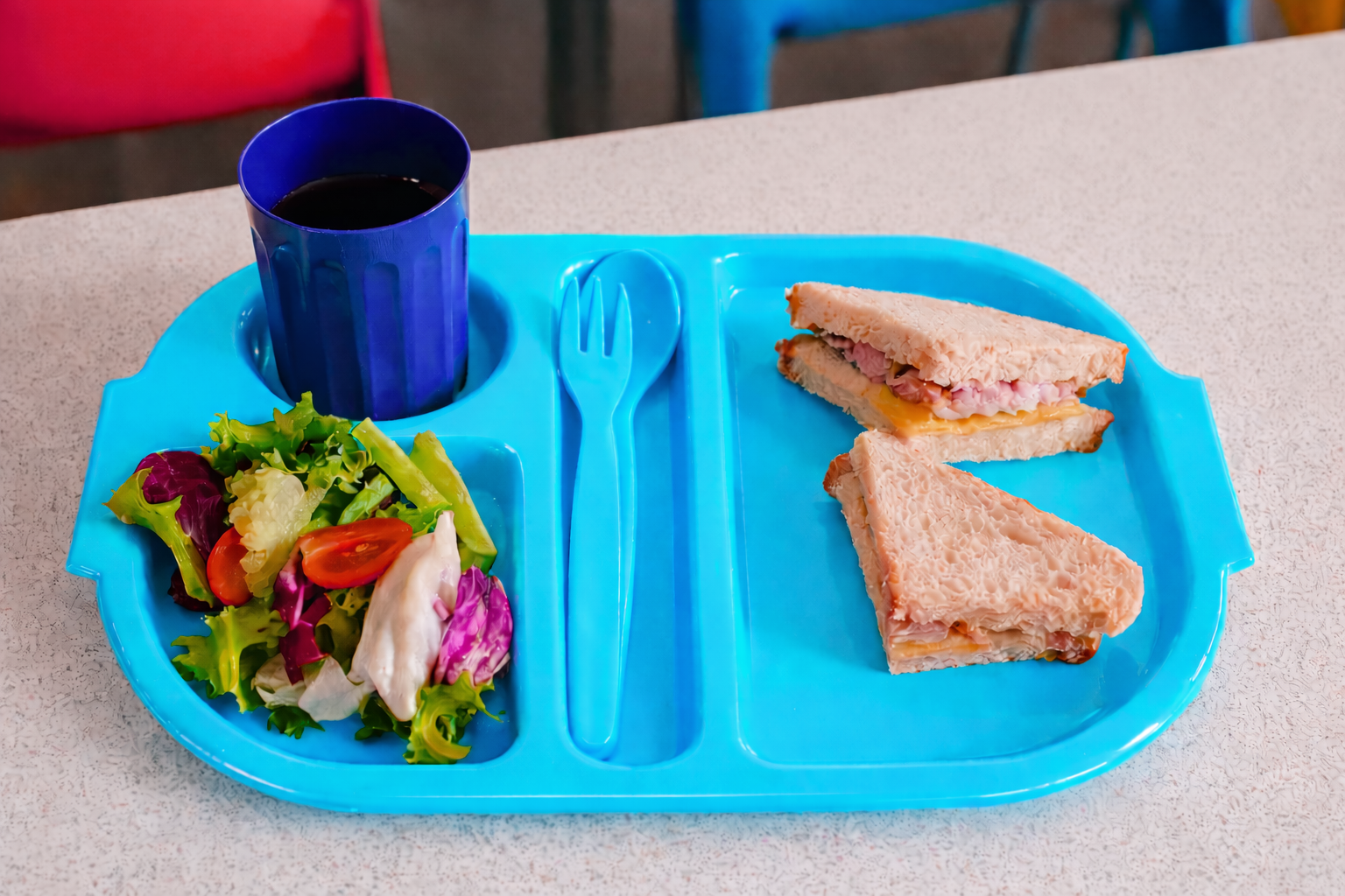 Blue Meal Tray in School Setting at Lunch