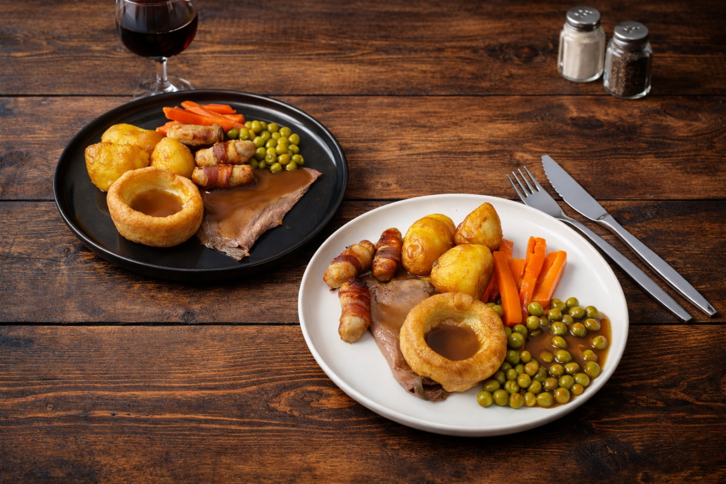 Roast Dinner Served on Black and White Walled Plates
