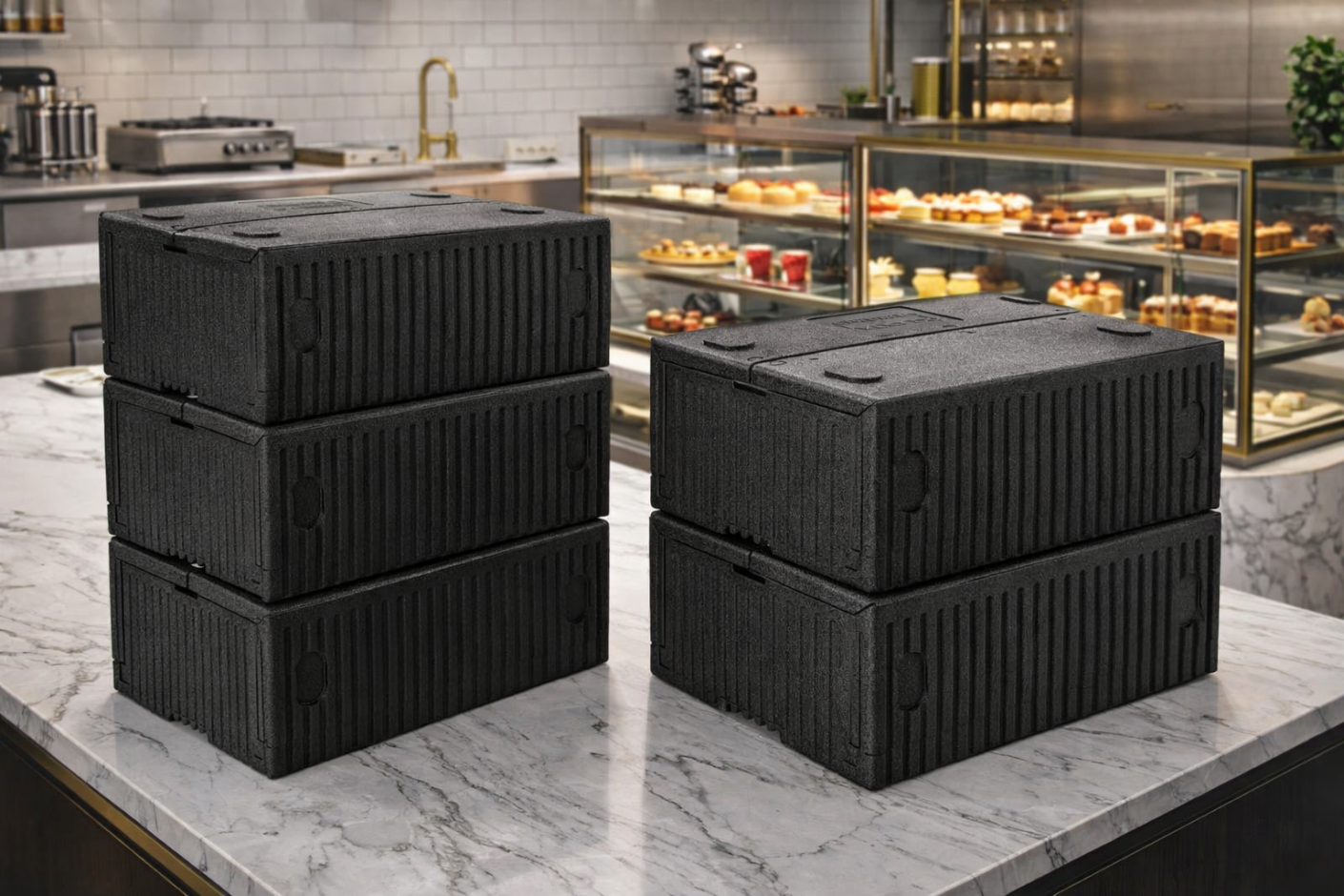 Stacked X-Fold Insulated Tote Boxes in a Bakery Setting