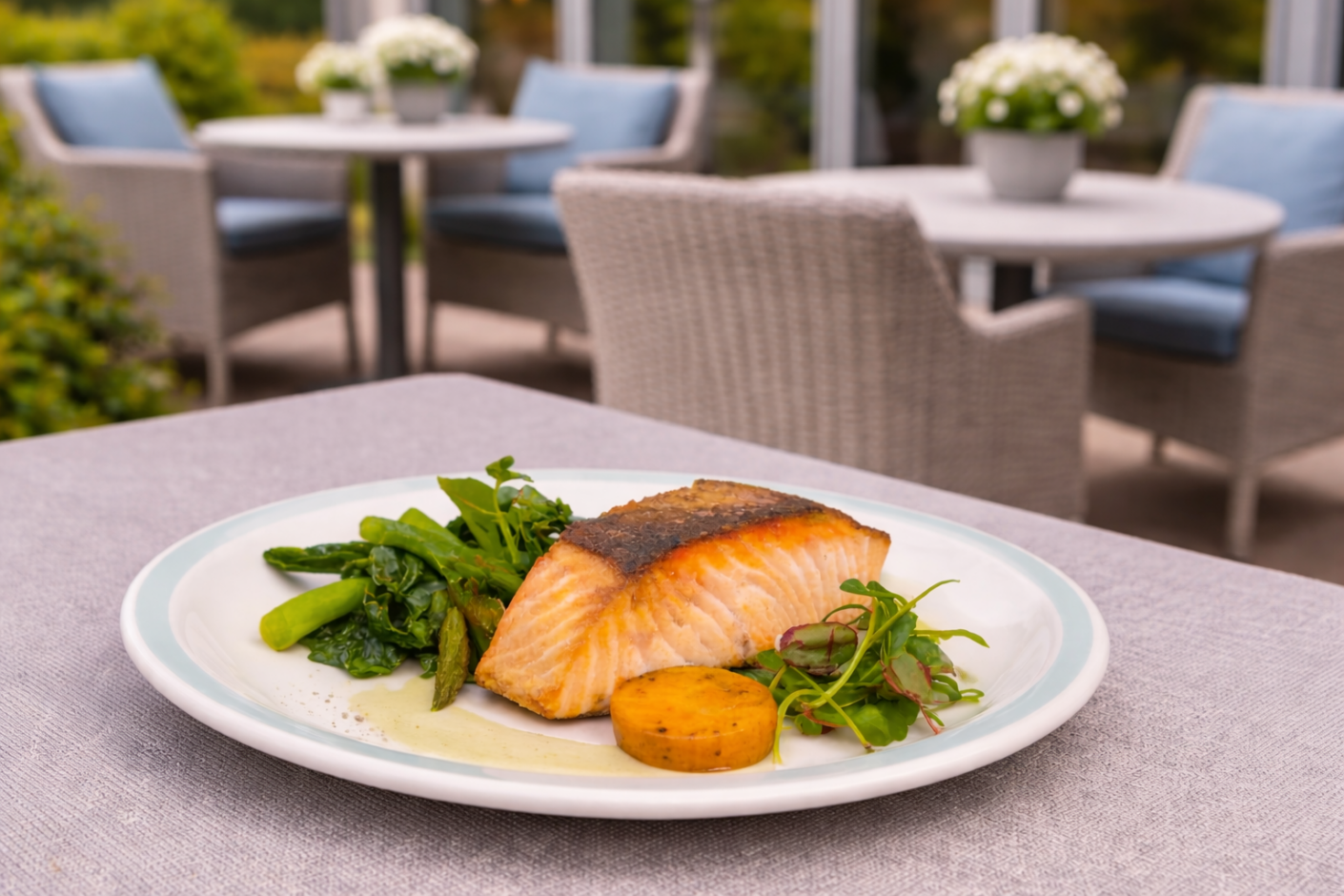 Dinner on Duo Plate in Outdoor Care Home Setting