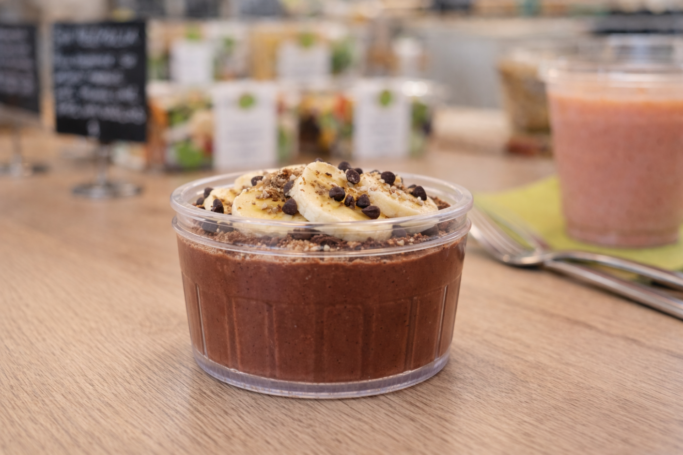 Chocolate & Banana Protein Pot in Canteen Setting