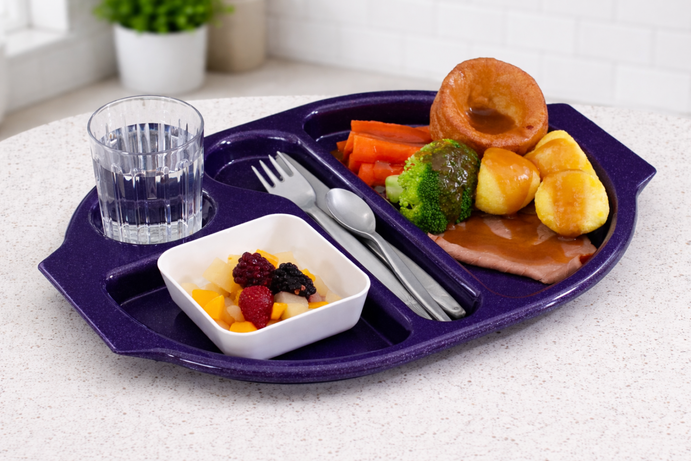 Purple Sparkle Meal Tray with Roast Dinner and Pudding