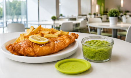 Fish & Chips with Side of Mushy Peas in Clear Ramekin with Lid