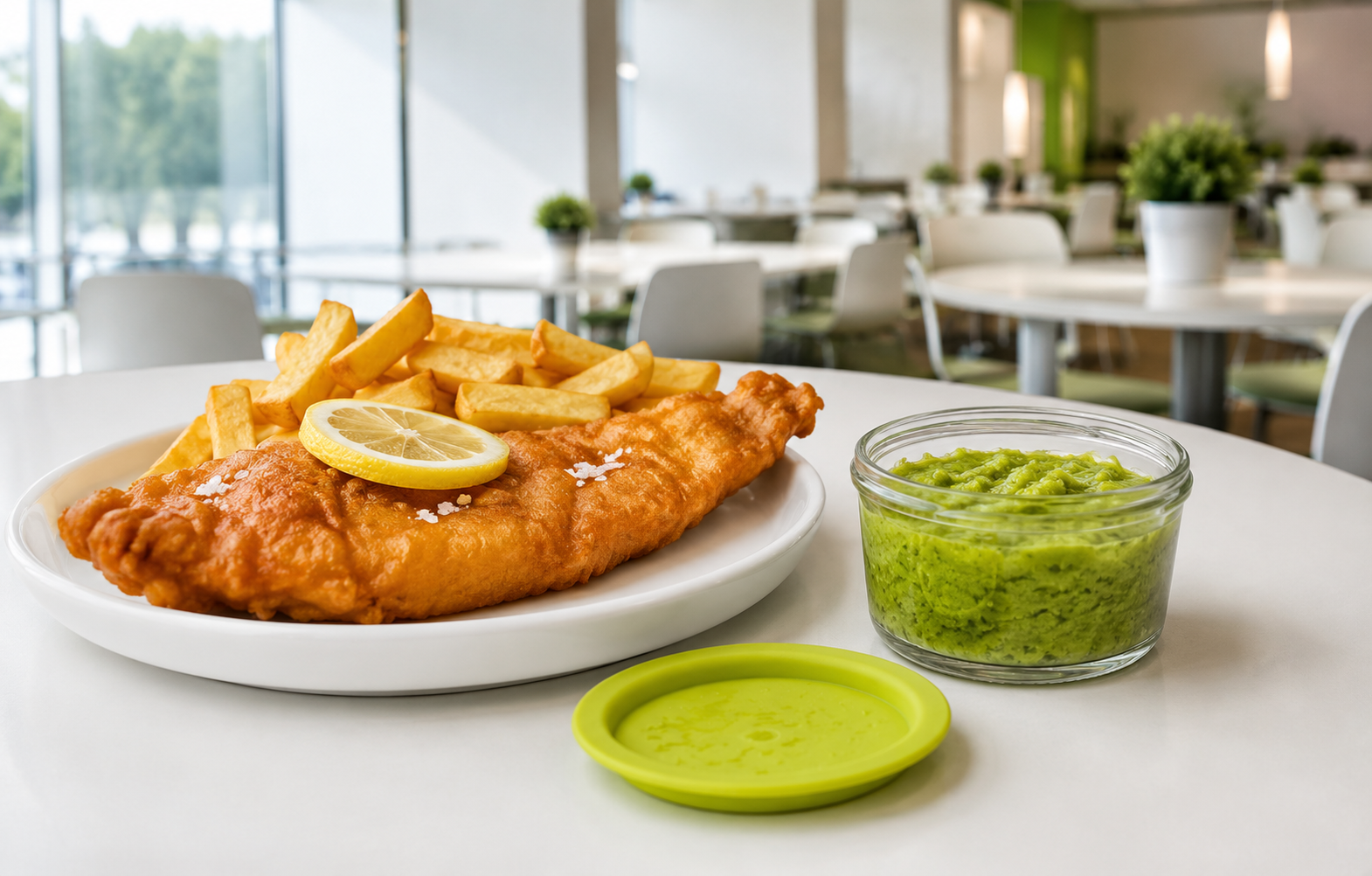 Fish & Chips with Side of Mushy Peas in Clear Ramekin with Lid