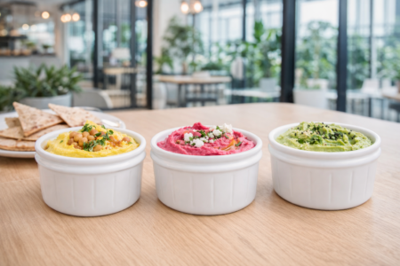 Colourful hummus dips in white ramekins in modern canteen