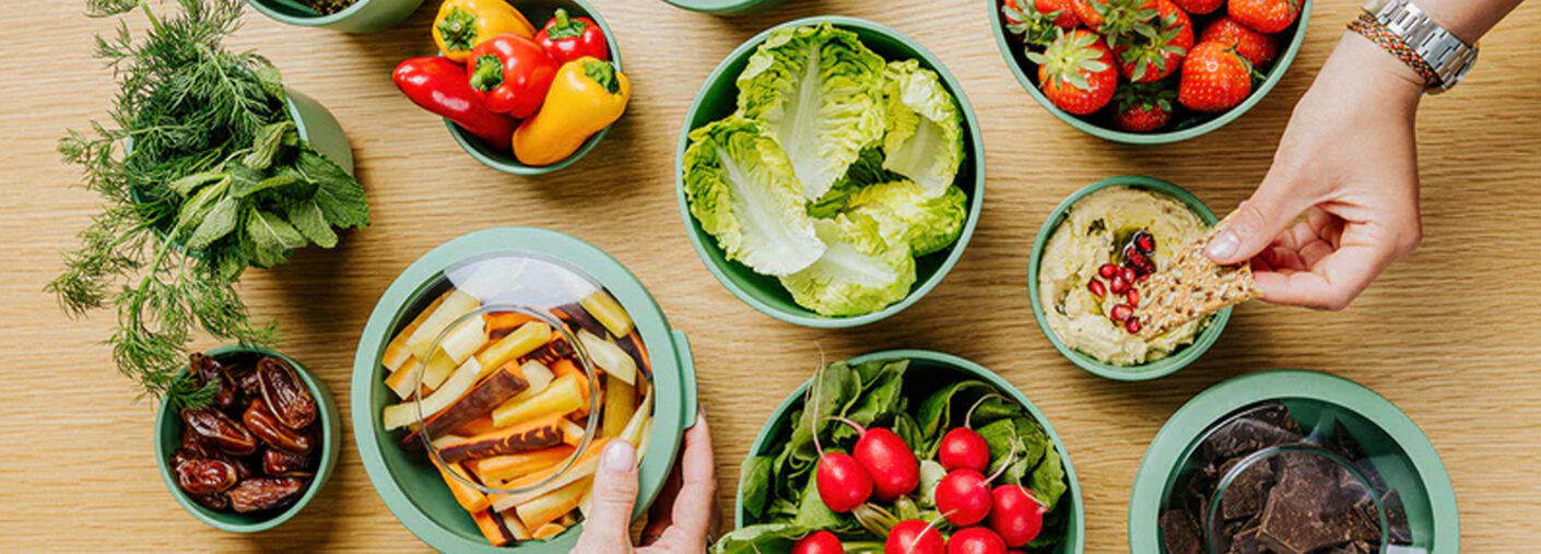 Tylla Sage Green Bowls with Fresh Fruit and Veg
