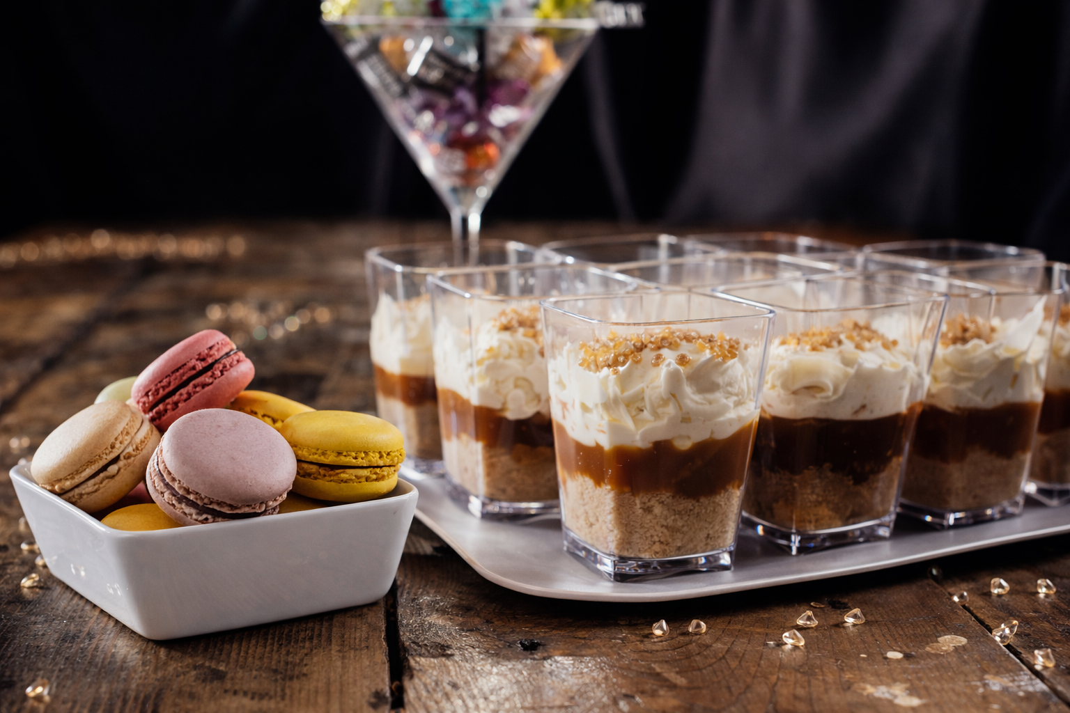 Dessert Display with Macaroons and Mini Cheesecakes