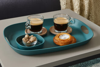Teal ReAmo Tray with Coffee and Pastries