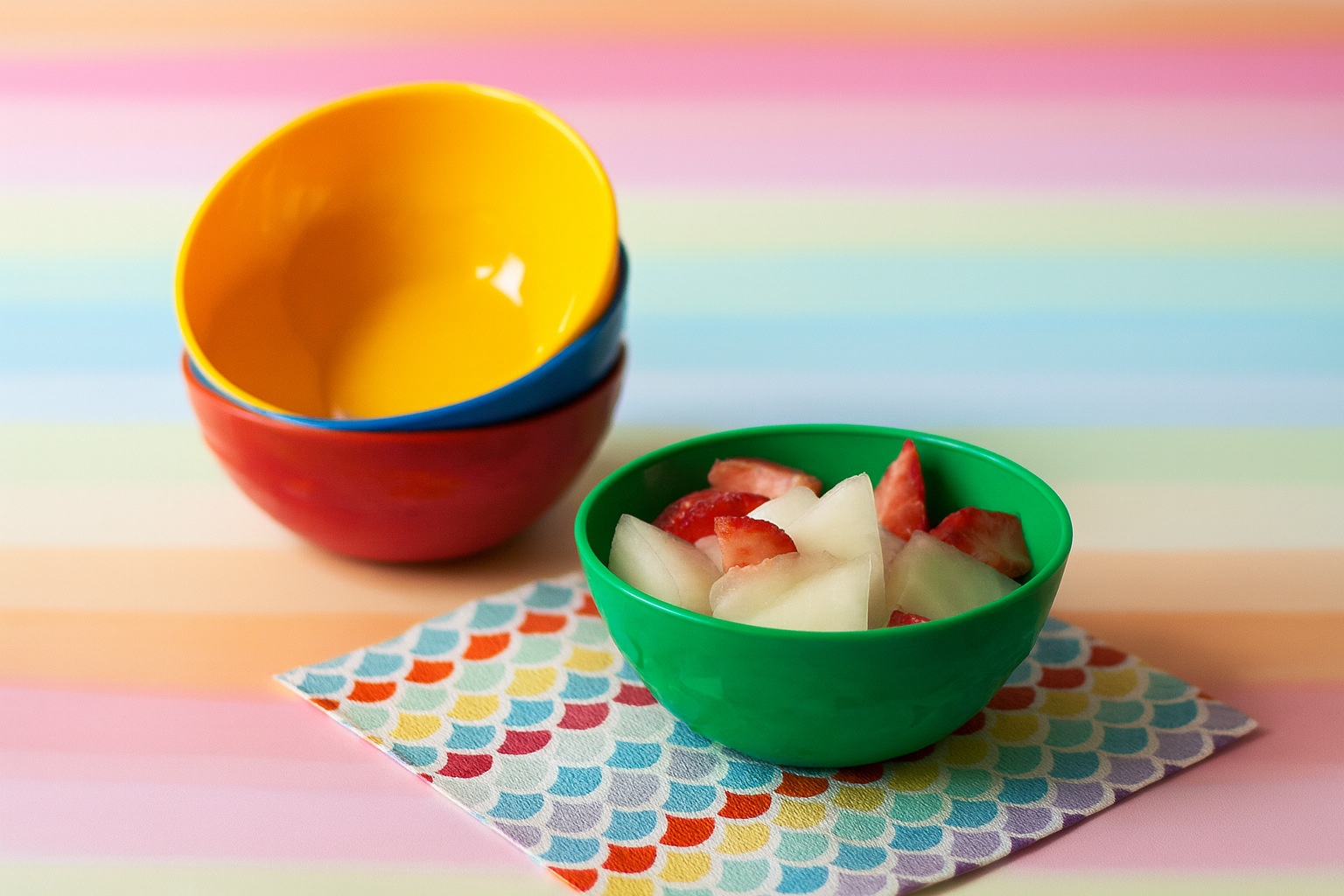 Coloured Snack Bowls With Fruit Pieces