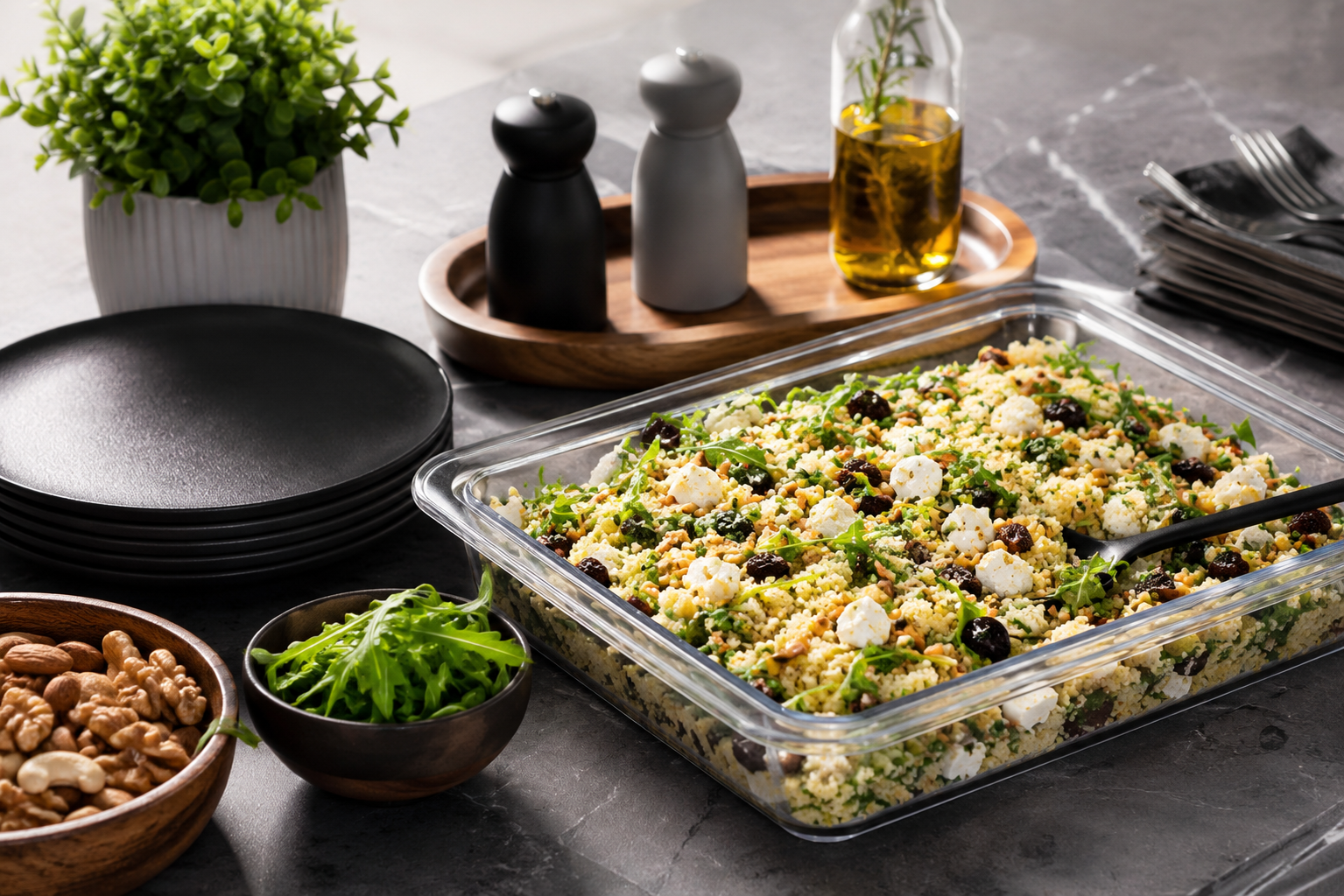 Clear Half Gastronorm with Couscous and Feta Salad in Modern Cooking Setting