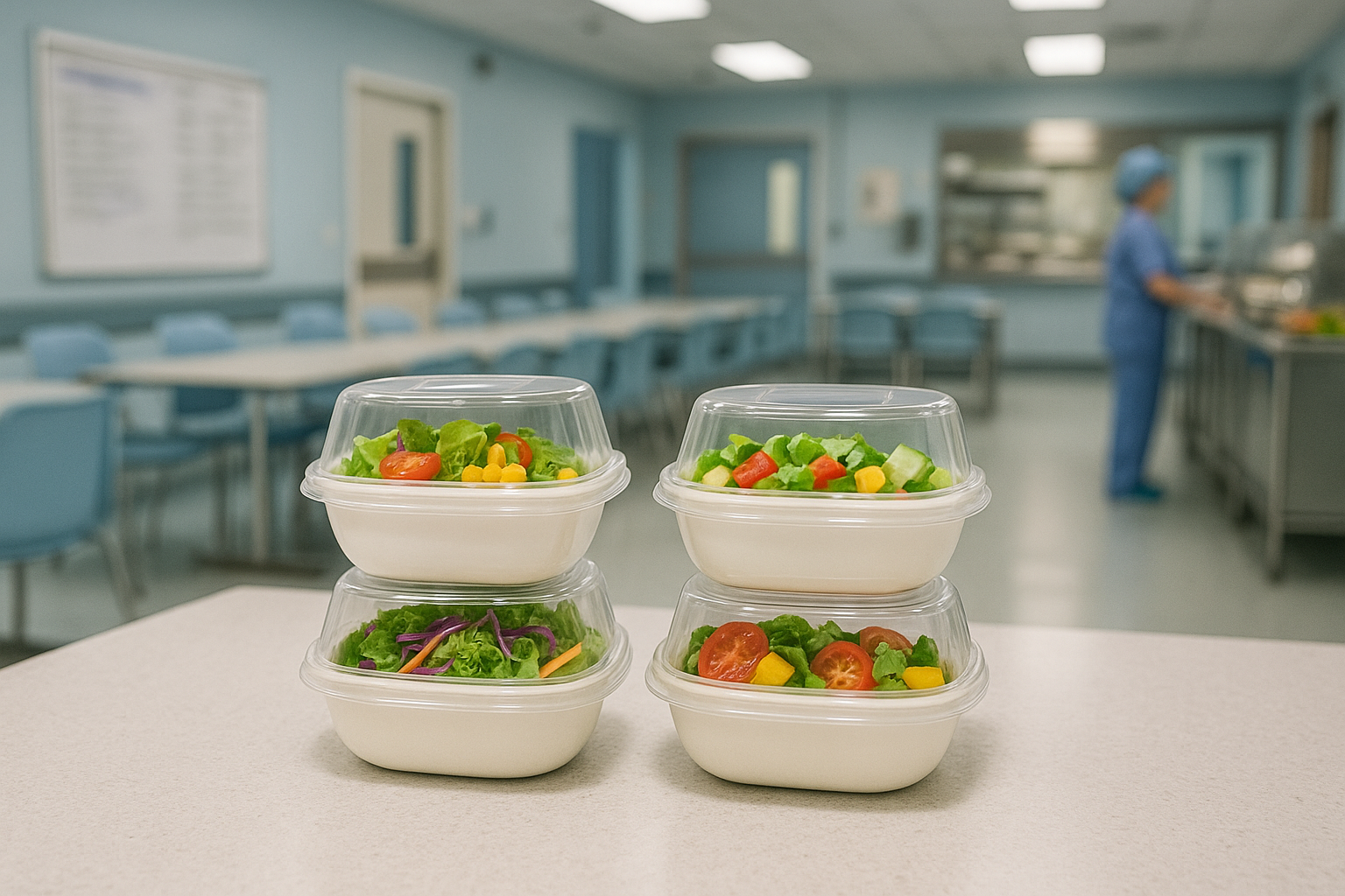 Small Square Bowls and Lids with Salad portions in Hospital Canteen
